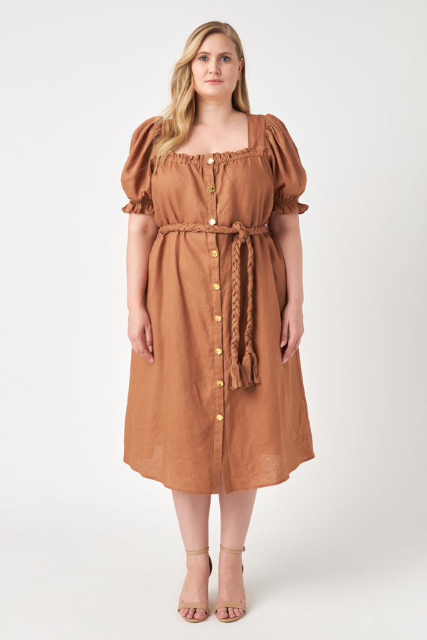 english factory Plus Size Linen Dress with Tie BROWN