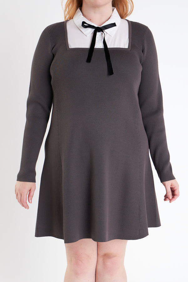 English Factory Plus Size Mixed Media Fit And Flare Sweater Dress GREY