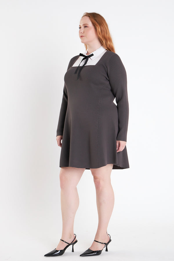 English Factory Plus Size Mixed Media Fit And Flare Sweater Dress GREY