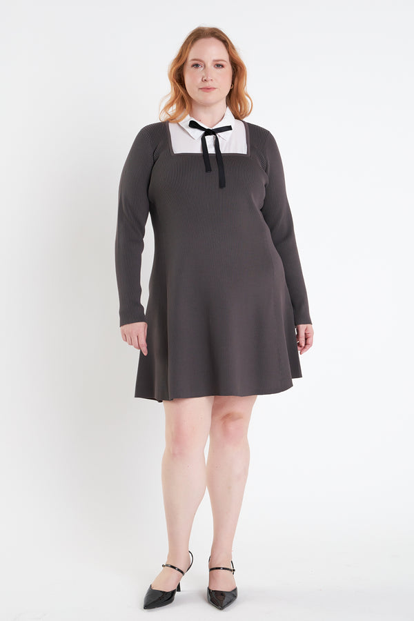 english factory Plus Size Mixed Media Fit and Flare Sweater Dress GREY
