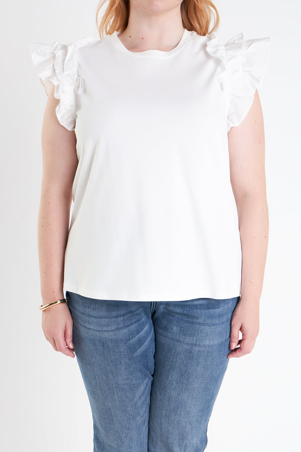 English Factory Plus Size Mixed Media Ruffle Detail T-Shirt WHITE