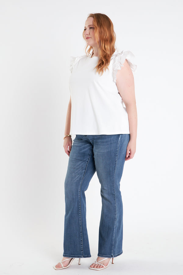 English Factory Plus Size Mixed Media Ruffle Detail T-Shirt WHITE