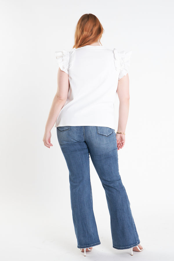 English Factory Plus Size Mixed Media Ruffle Detail T-Shirt WHITE