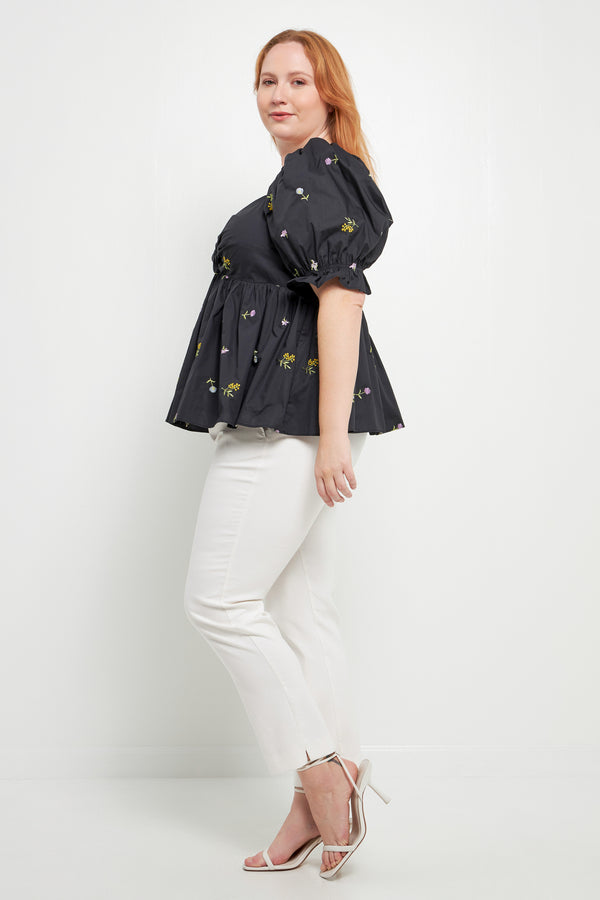 English Factory Plus Size Multi Floral Embroidery Top BLACK MULTI