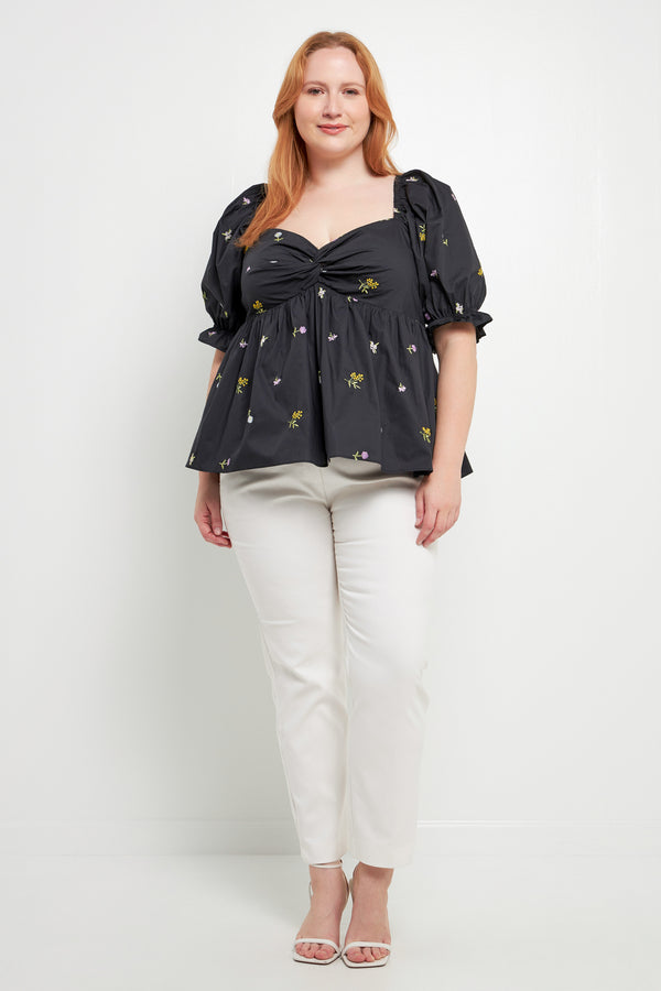 english factory Plus Size Multi Floral Embroidery Top BLACK MULTI