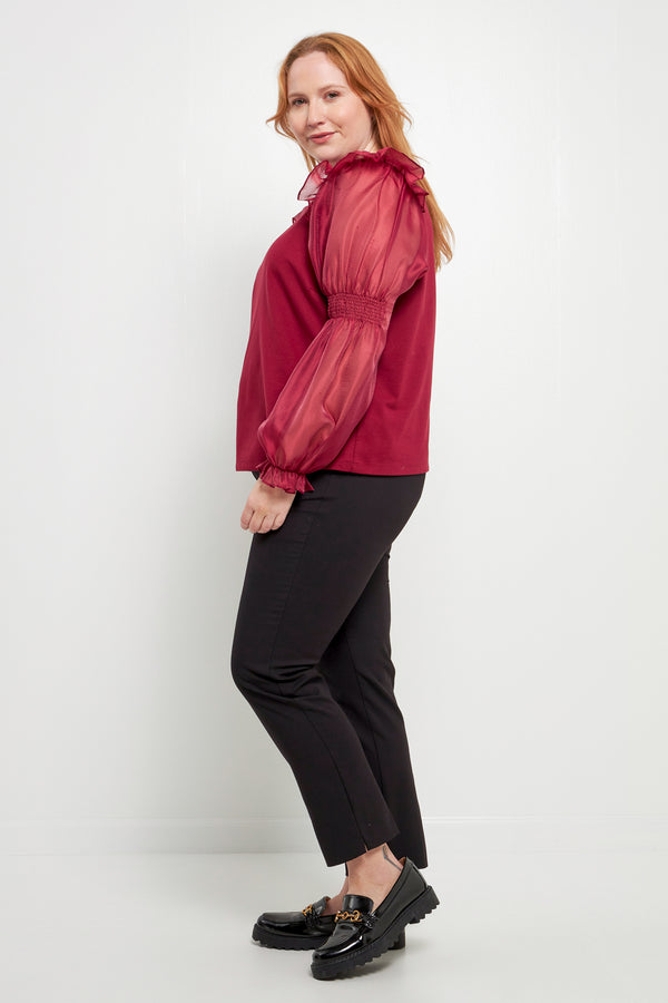 English Factory Plus Size Organza Mixed Smocked Detail Long Sleeve Top WINE
