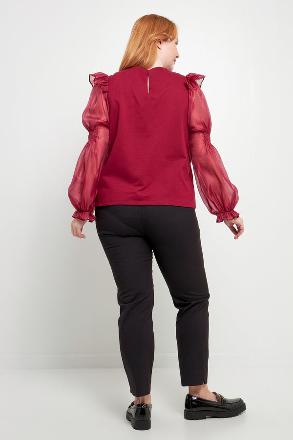 English Factory Plus Size Organza Mixed Smocked Detail Long Sleeve Top WINE