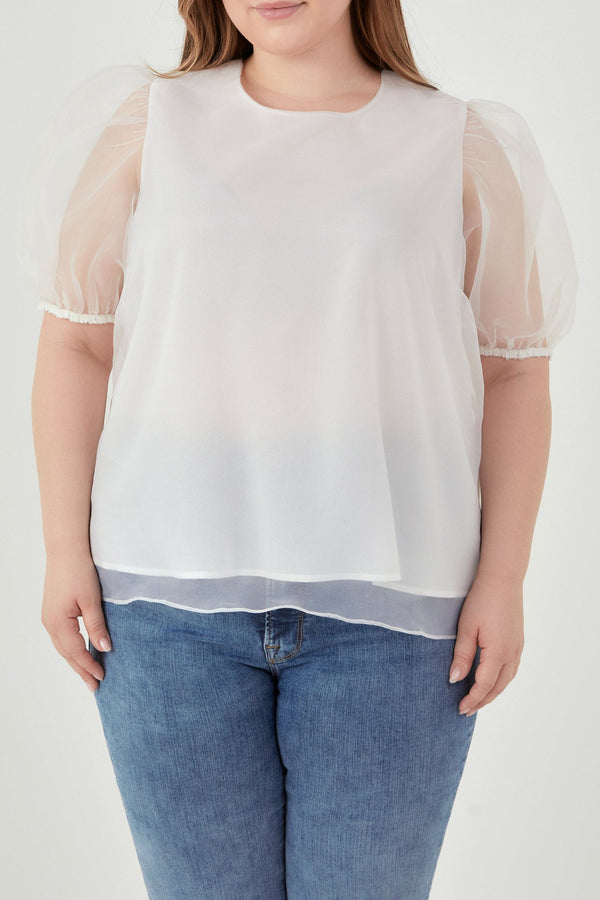 English Factory Plus Size Organza Puff Sleeve Top WHITE