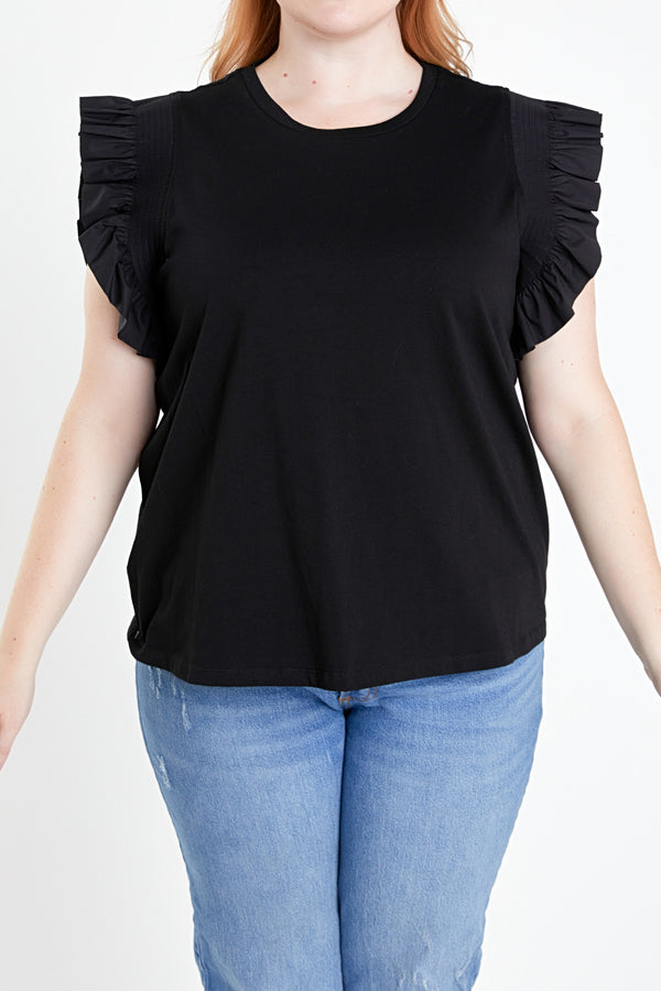 English Factory Plus Size Poplin Knit Mixed Ruffle Detail Top BLACK
