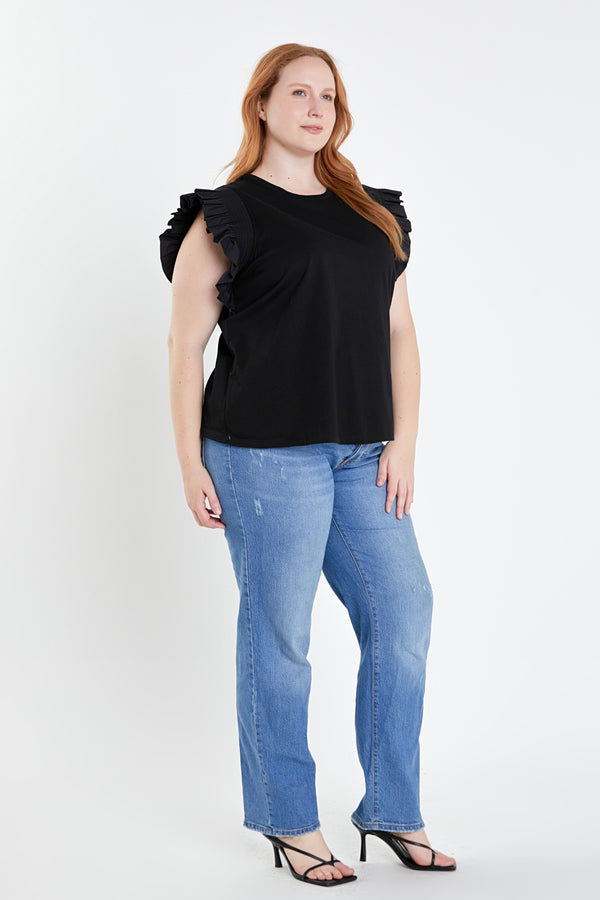 English Factory Plus Size Poplin Knit Mixed Ruffle Detail Top BLACK