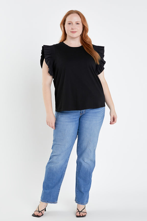 english factory Plus Size Poplin Knit Mixed Ruffle Detail Top BLACK