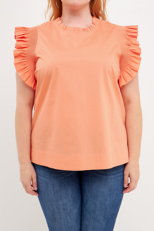 English Factory Plus Size Ruffle Sleeve Poplin Top CORAL