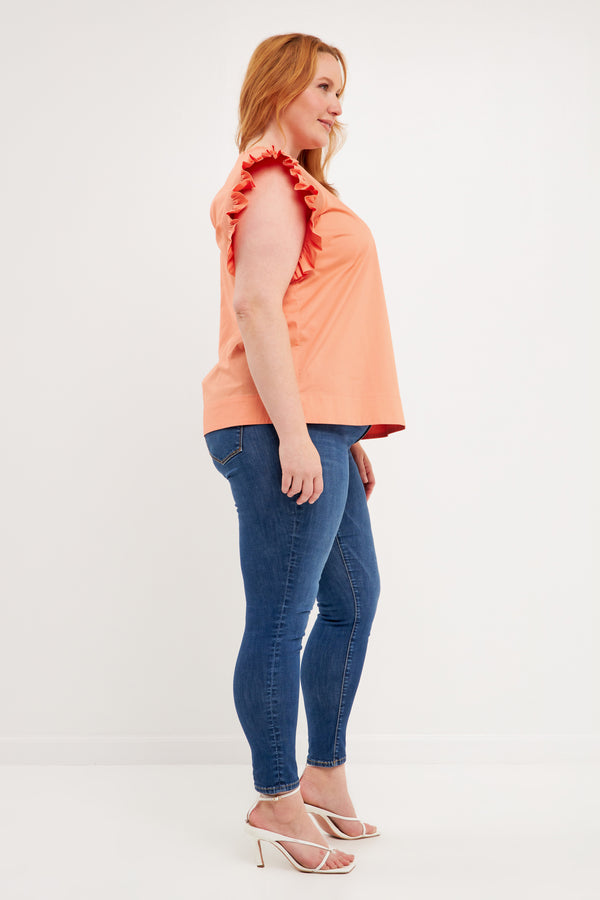 English Factory Plus Size Ruffle Sleeve Poplin Top CORAL