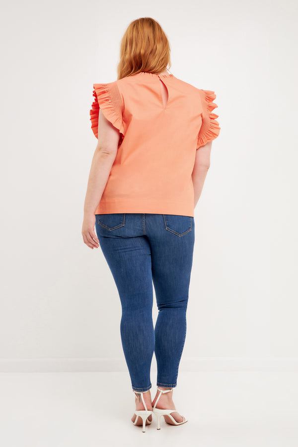 English Factory Plus Size Ruffle Sleeve Poplin Top CORAL