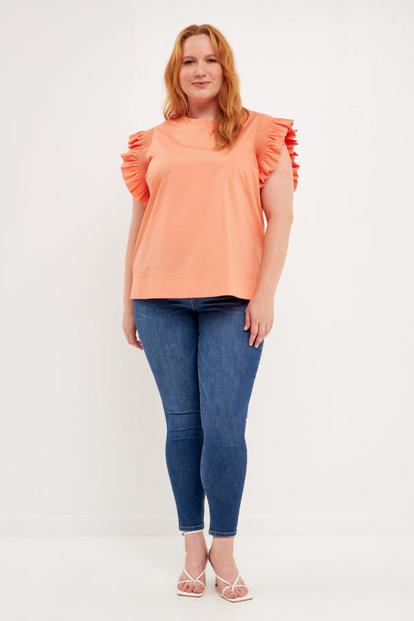 english factory Plus Size Ruffle Sleeve Poplin Top CORAL