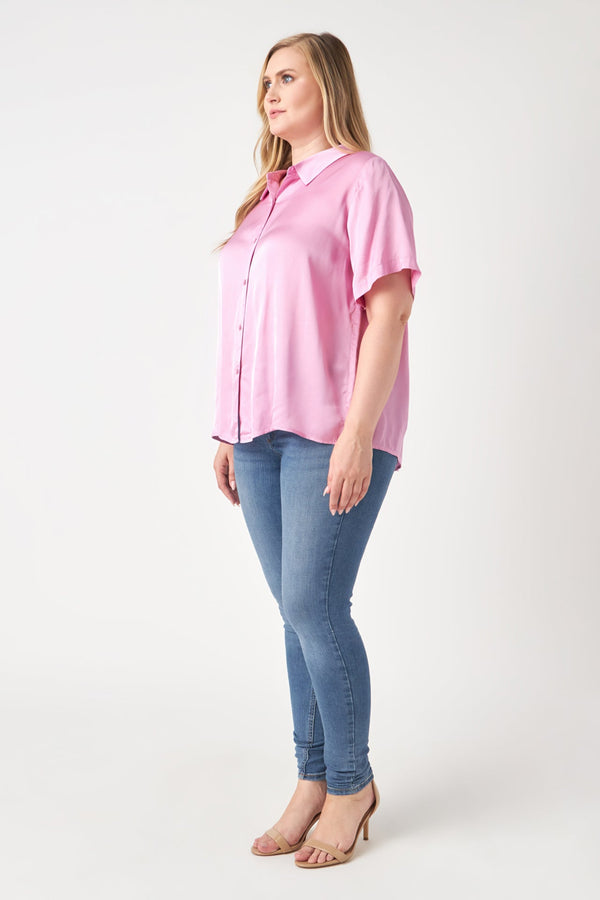 English Factory Plus Size Satin Short Sleeve Shirt PINK