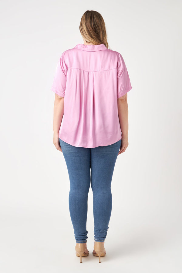 English Factory Plus Size Satin Short Sleeve Shirt PINK