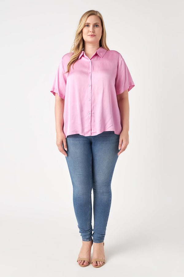 english factory Plus Size Satin Short Sleeve Shirt PINK