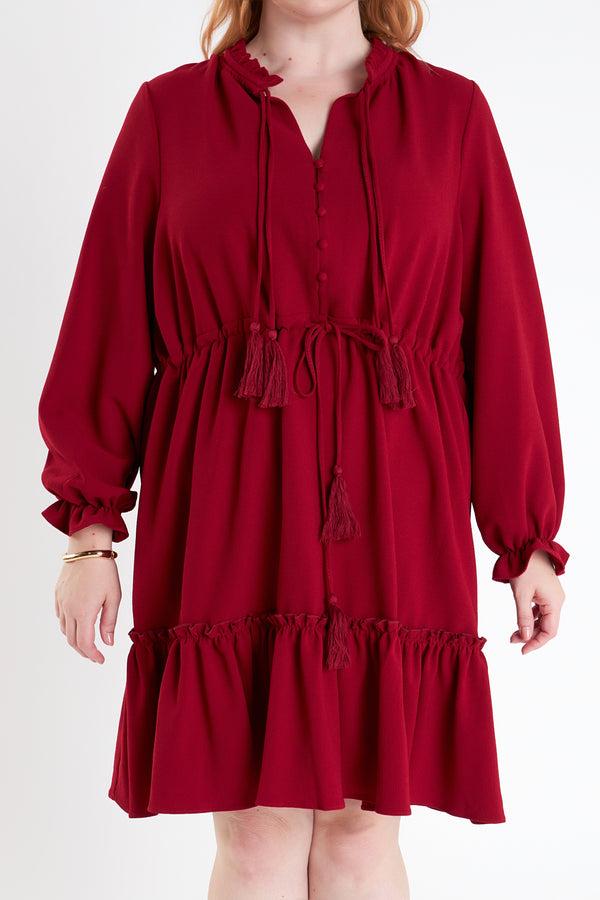 English Factory Plus Size Tassel Trim Dress With Ruffled Hem BURGUNDY