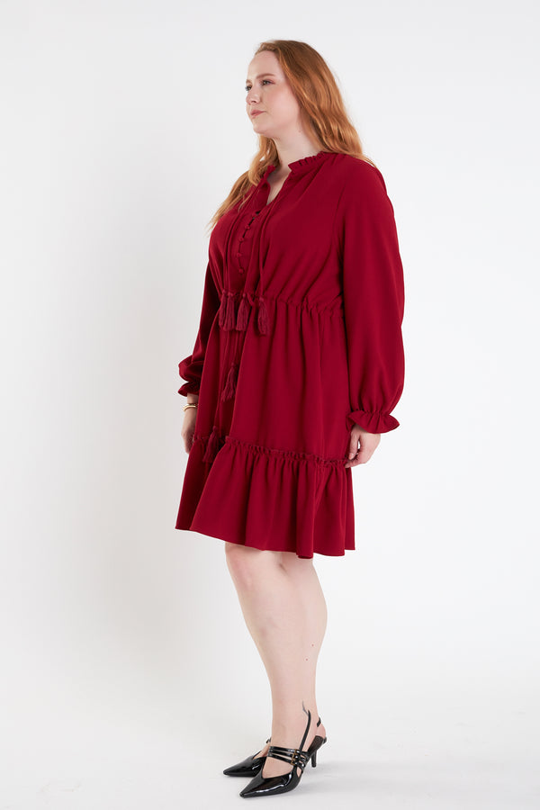 English Factory Plus Size Tassel Trim Dress With Ruffled Hem BURGUNDY