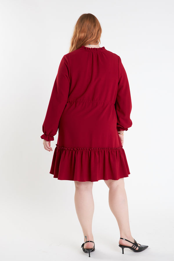 English Factory Plus Size Tassel Trim Dress With Ruffled Hem BURGUNDY