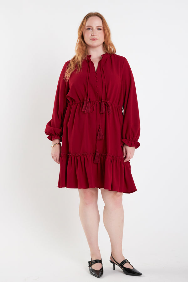 english factory Plus Size Tassel Trim Dress With Ruffled Hem BURGUNDY