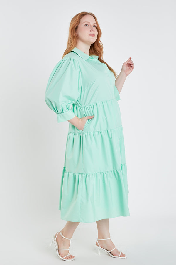 English Factory Plus Size V-neckline Puff Sleeve Midi Dress MINT