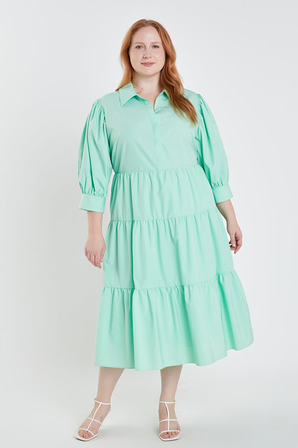 english factory Plus Size V-neckline Puff Sleeve Midi Dress MINT