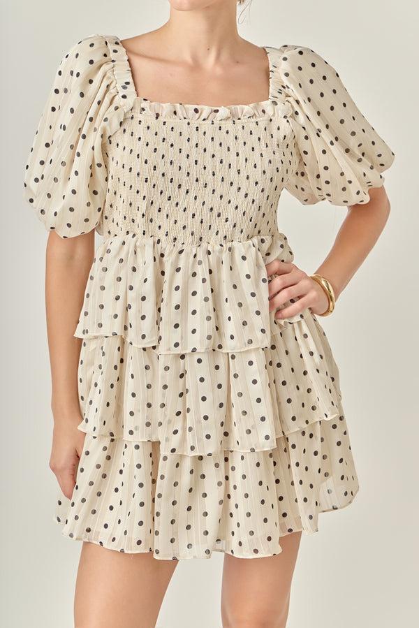 English Factory Polka Dot Lurex Multi Tiered Mini Dress CREAM