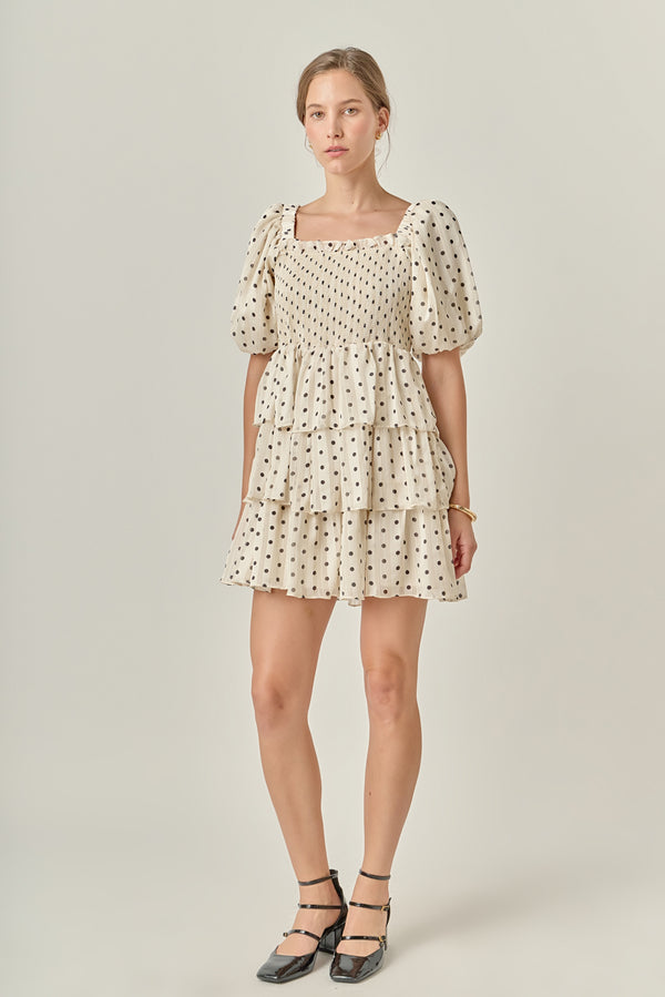 English Factory Polka Dot Lurex Multi Tiered Mini Dress CREAM