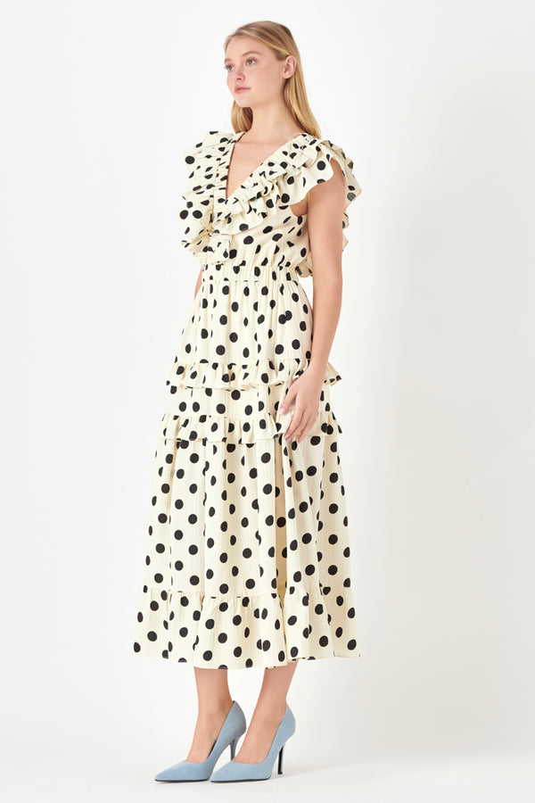 English Factory Polka Dot Print Ruffle Detail Maxi Dress IVORY/BLACK