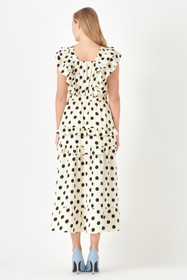 English Factory Polka Dot Print Ruffle Detail Maxi Dress IVORY/BLACK