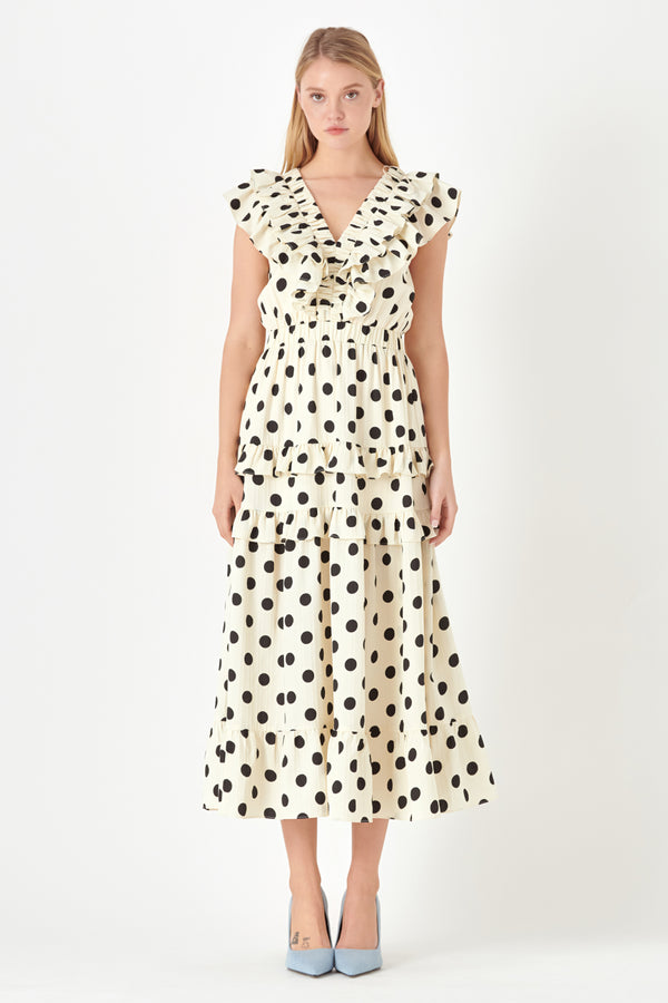english factory Polka Dot Print Ruffle Detail Maxi Dress IVORY/BLACK