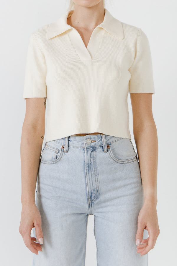 English Factory Polo Collar Crop Knit Sweater IVORY