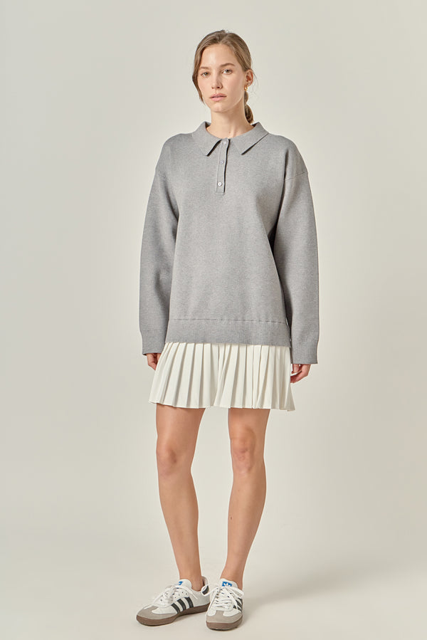 English Factory Polo Mixed Media Mini Dress GREY/WHITE