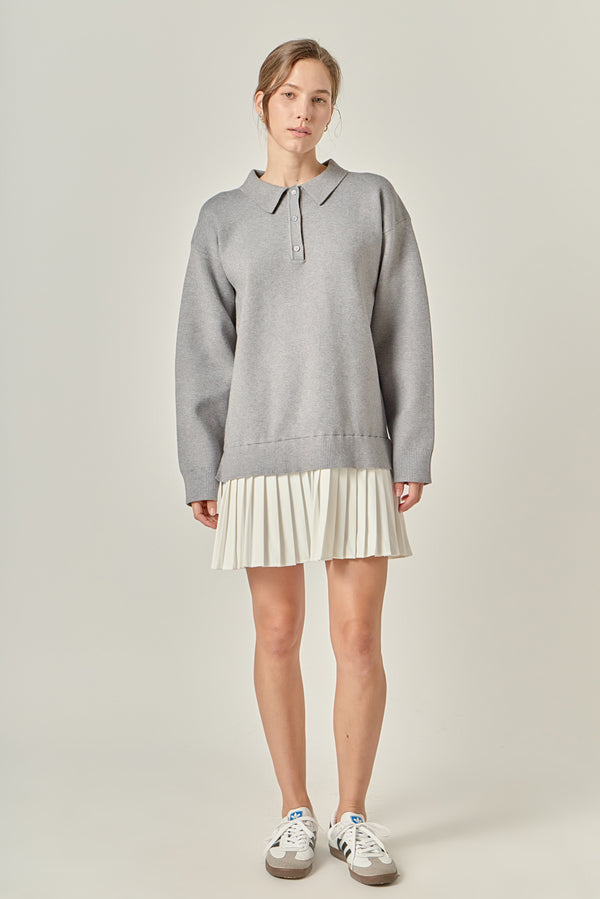 english factory Polo Mixed Media Mini Dress GREY/WHITE