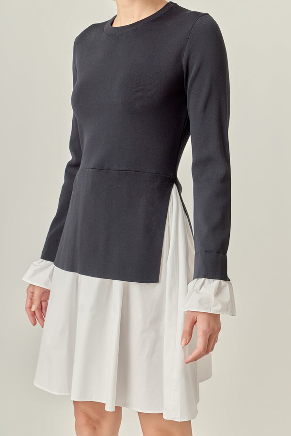 English Factory Poplin Combo Knit Mini Dress BLACK/WHITE