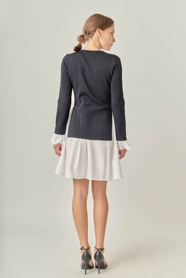 English Factory Poplin Combo Knit Mini Dress BLACK/WHITE