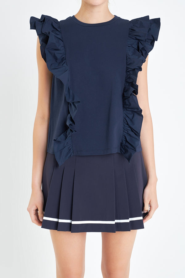 English Factory Poplin Ruffle Detail Sleeveless Top NAVY
