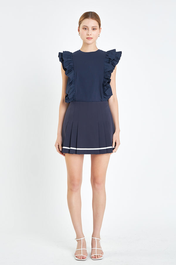 english factory Poplin Ruffle Detail Sleeveless Top NAVY