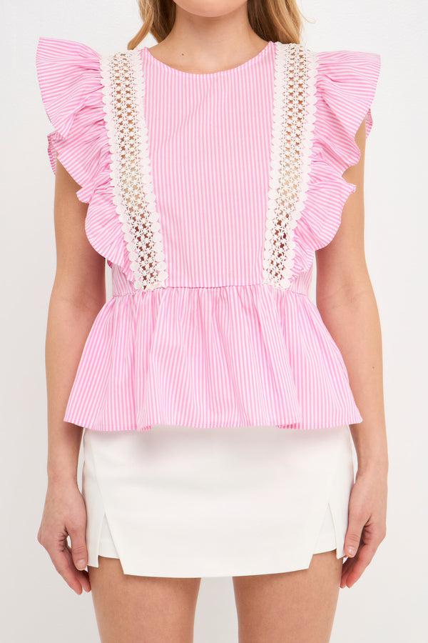 English Factory Poplin Ruffle With Lace Trim Top PINK WHITE STRIPE