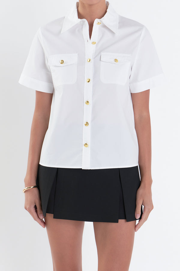 English Factory Poplin Short Sleeve Shirt With Gold Buttons WHITE