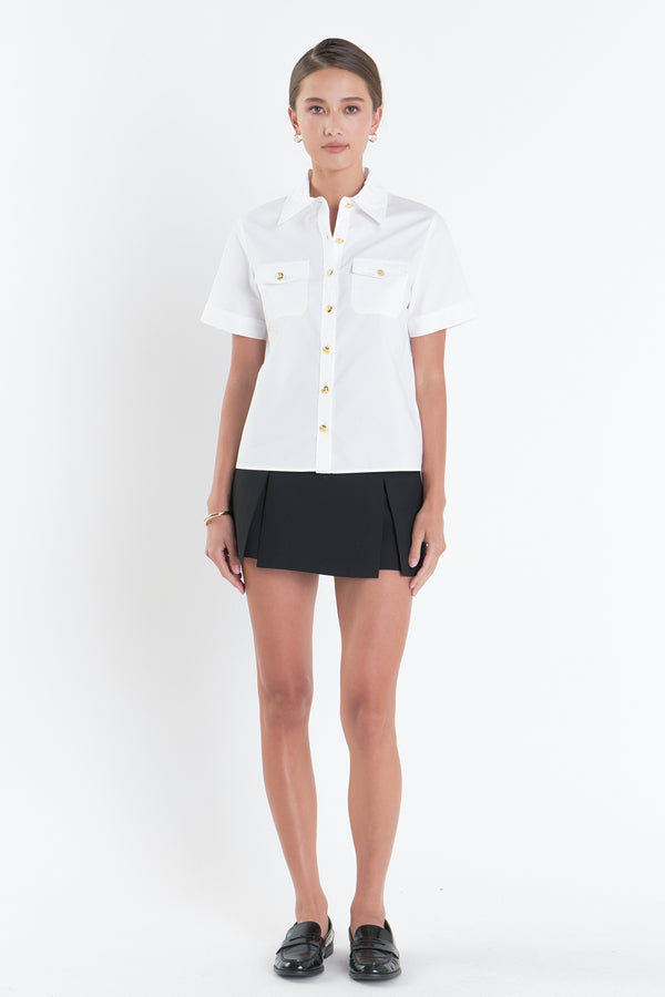 english factory Poplin Short Sleeve Shirt with Gold Buttons WHITE
