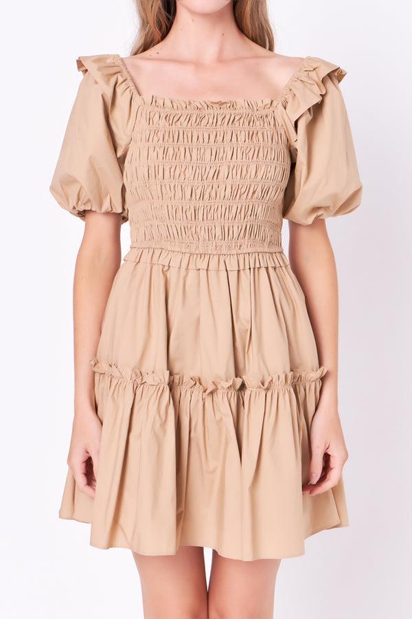 English Factory Poplin Smocked Puff Sleeve Mini Dress TAWNY