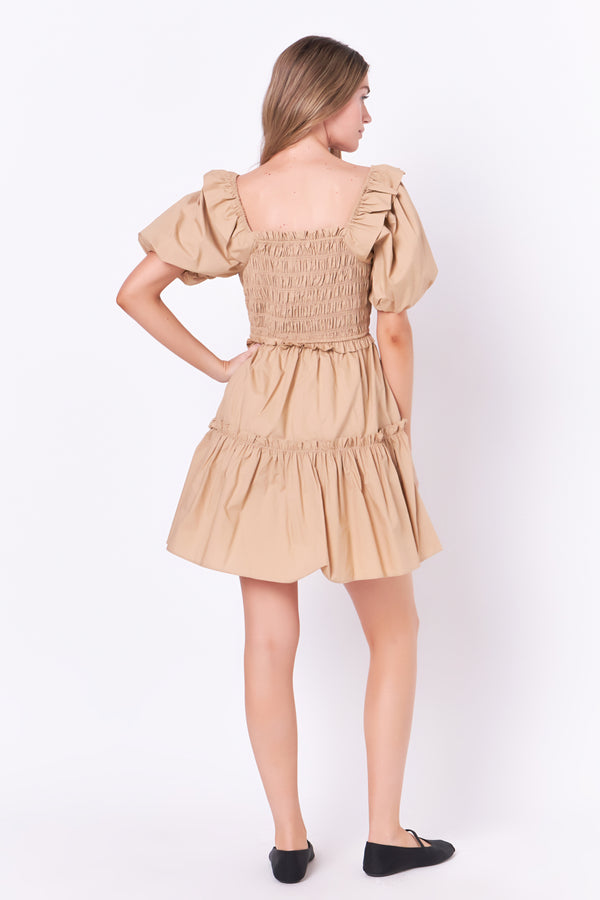 English Factory Poplin Smocked Puff Sleeve Mini Dress TAWNY