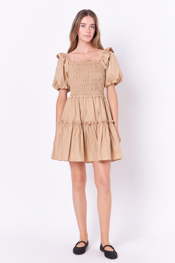 english factory Poplin Smocked Puff Sleeve Mini Dress TAWNY