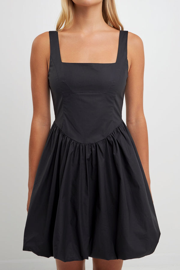 English Factory Poplin Square Neck Bubble Hem Dress BLACK