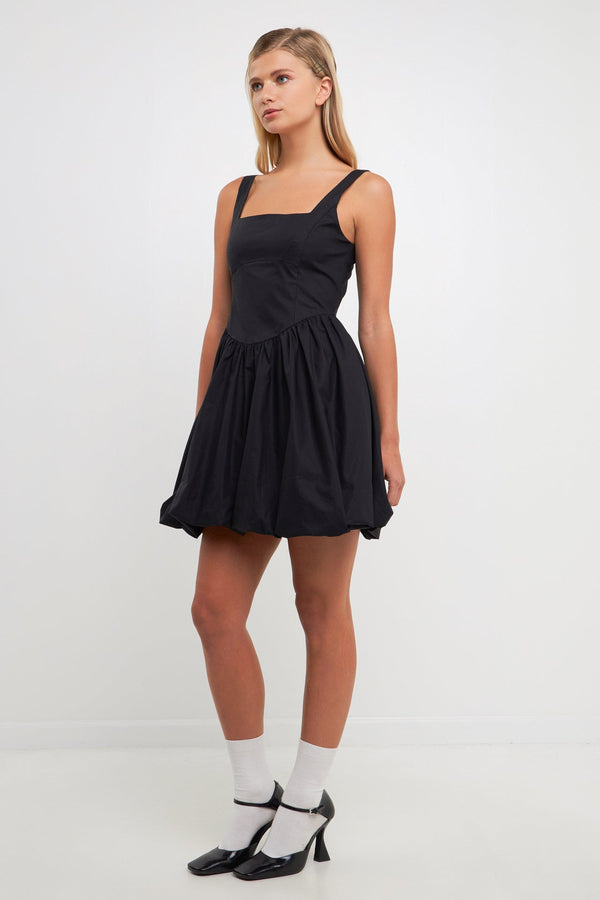 English Factory Poplin Square Neck Bubble Hem Dress BLACK