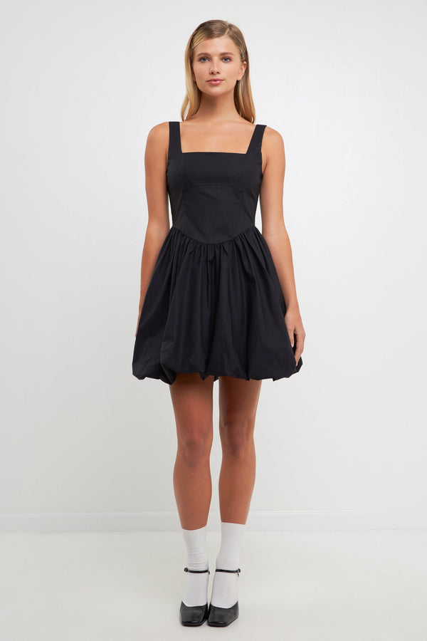 english factory Poplin Square Neck Bubble Hem Dress BLACK