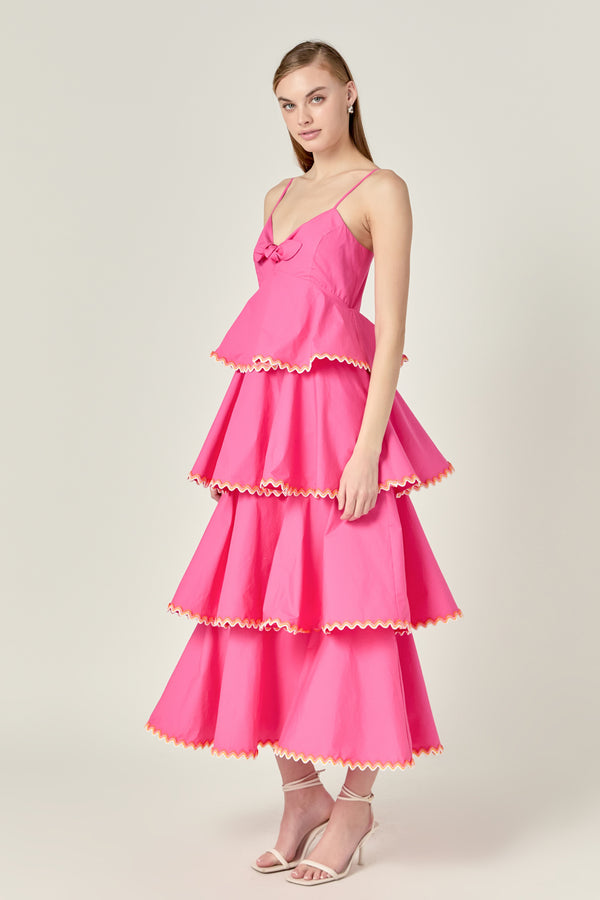 English Factory Poplin Tiered Maxi Dress With Ric Rac Trim HOT PINK